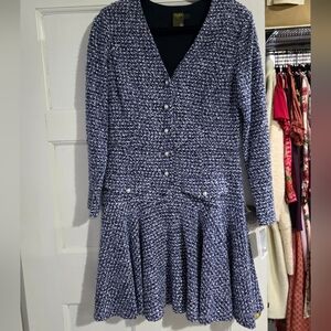 Taylor Blue Tweed Textured Long Sleeve Dress